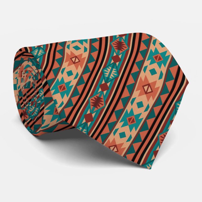 Cravate Motif Tribal Sud-Ouest Turquoise Terracotta (Roulé)
