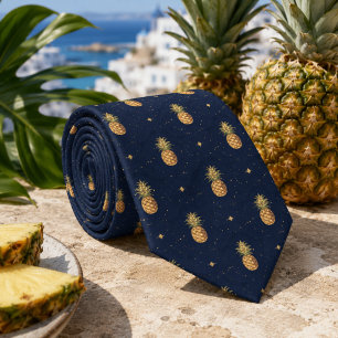 Cravate Motif Tropical au Pineapple Doré sur Fond Nuit