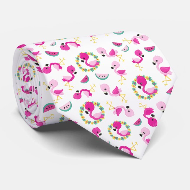 Cravate Motif tropical, Flamants roses, pastèques, Fleurs (Roulé)