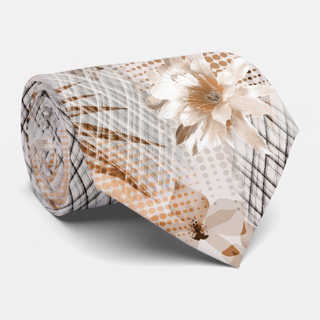 Cravate Motif tropicale grise, beige. (Roulé)