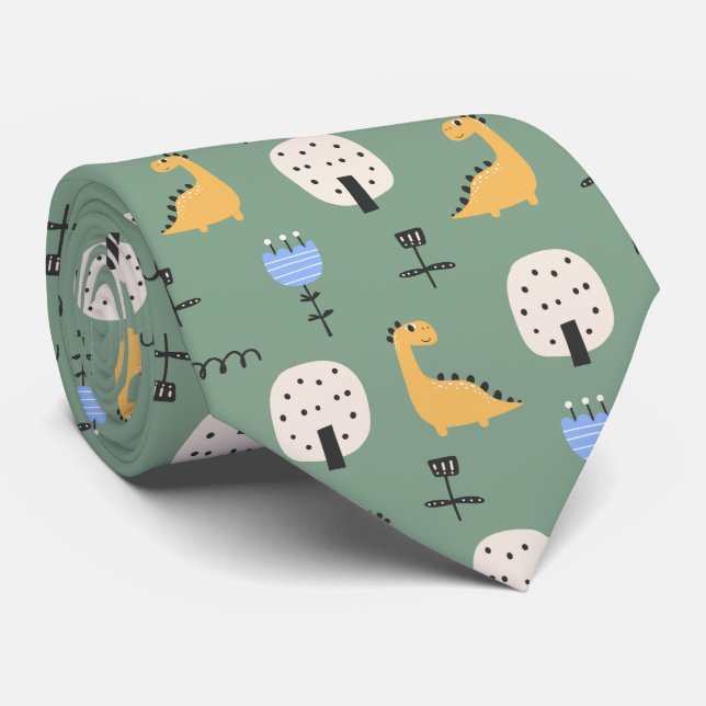 Cravate Motif vert Cute Dinosaur Sage (Roulé)