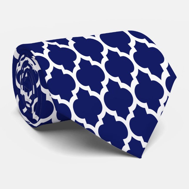 Cravate Navy Blue White Moroccan Quatrefoil (Roulé)