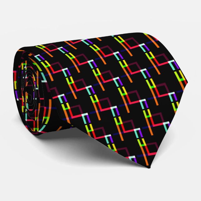 Cravate Neon Lines Rouge Jaune Orange Violet Motif noir (Roulé)