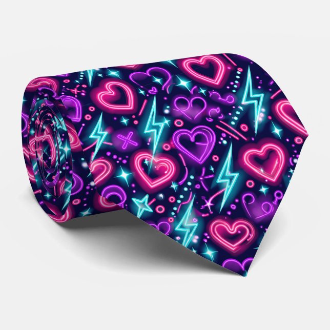 Cravate Neon Valentine Hearts Seamless Pattern Modern Love (Roulé)