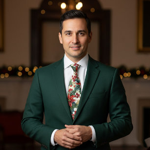 Cravate Noël avec motif d'euphorbe et de houx à l'aquarell