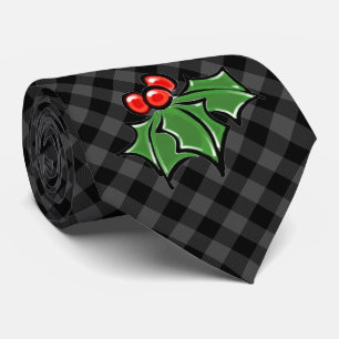Cravate Noël classique gris Plaid Holly baies feuilles