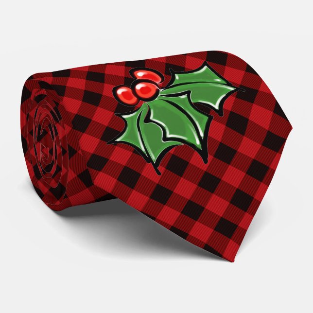 Cravate Noël classique Red Plaid Holly baies feuilles (Roulé)