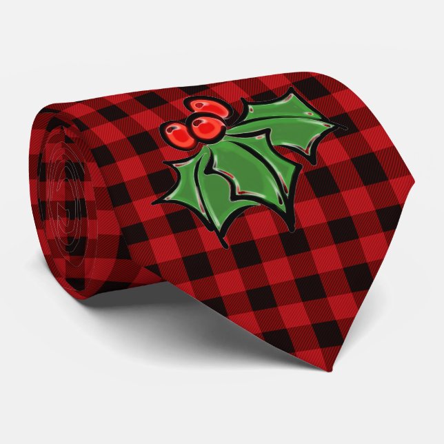 Cravate Noël classique Red Plaid Holly baies feuilles (Roulé)