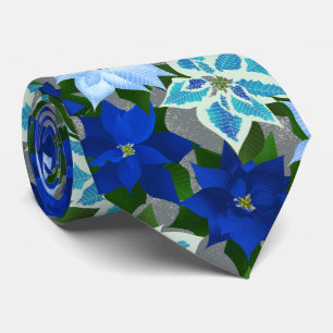 Cravate Noel d'argent bleu Poinsettia