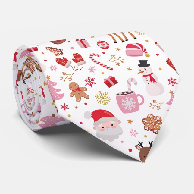 Cravate Noël rose rouge Wonderland Santa Claus (Roulé)