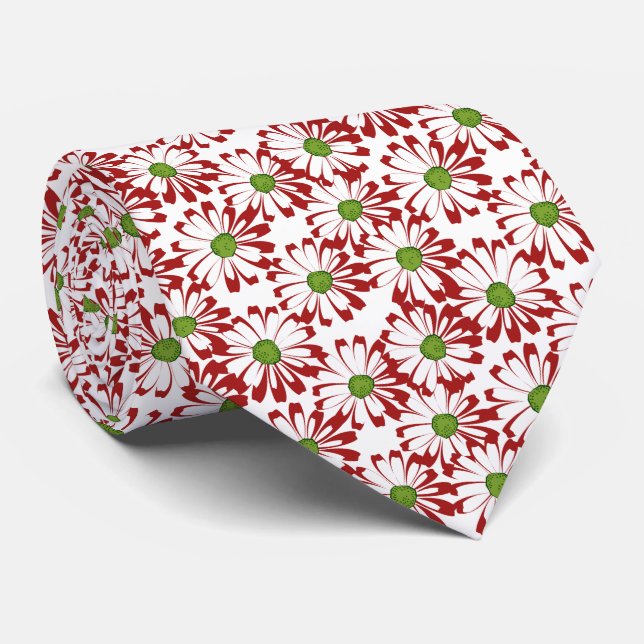 Cravate Noël Rouge et vert marguerite motif floral (Roulé)