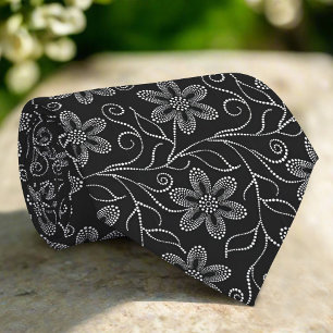 Cravate Noir & Blanc Élégant Modèle Floral Luxueux