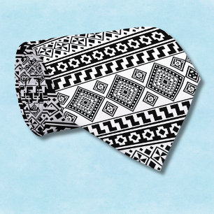 Cravate Noir Blanc Géométrique Polynésien Tribal Monogramm