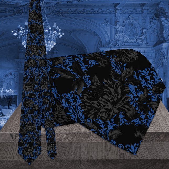 Cravate Noir & Bleu Floral Damask Mariage gothique (Créateur téléchargé)
