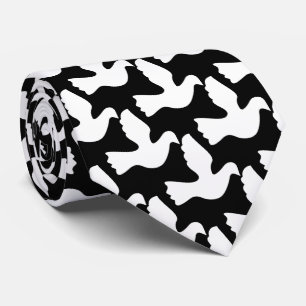 Cravate noir et blanc avec colombes blanches