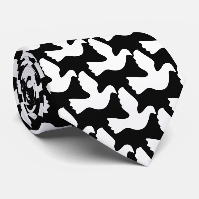 Cravate noir et blanc avec colombes blanches (Roulé)