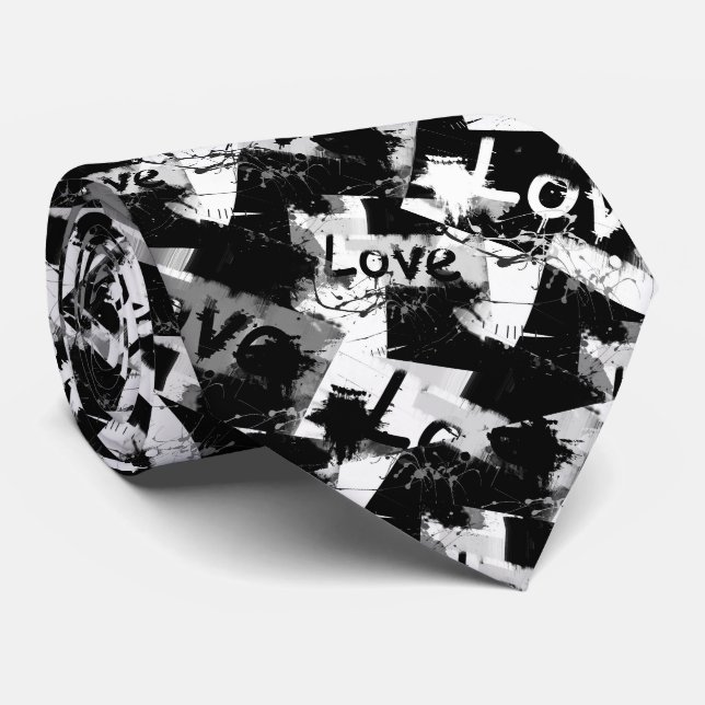 Cravate Noir et blanc avec des taches motif d'amour (Roulé)