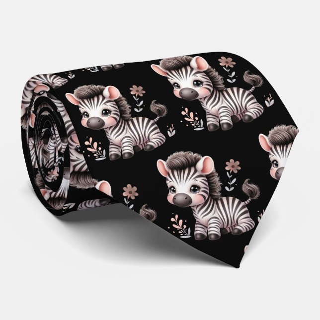 Cravate Noir et blanc moderne Kawaii Cute Zebras (Roulé)