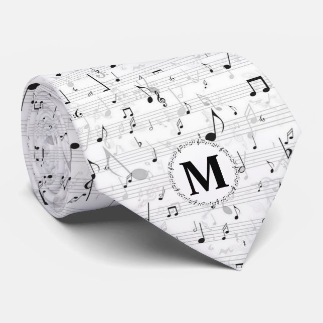 Cravate Noir et blanc Note musicale Musicien Monogramme (Roulé)
