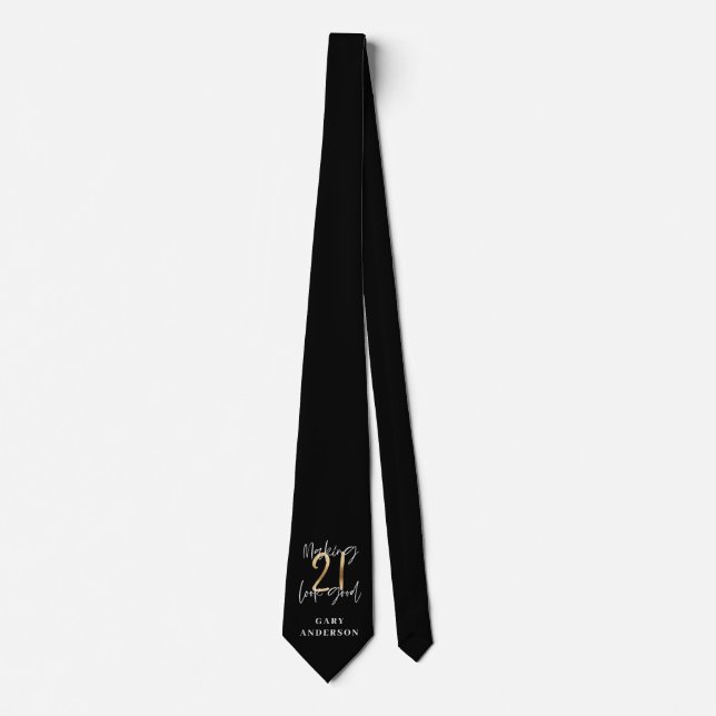 Cravate Noir et or 21e anniversaire script moderne design (Devant)