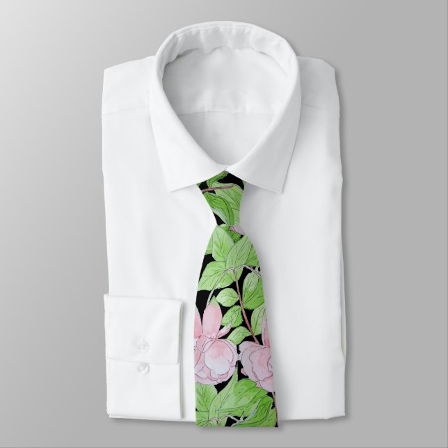 Cravate noir motif audacieux avec fleurs roses floral (Attaché)