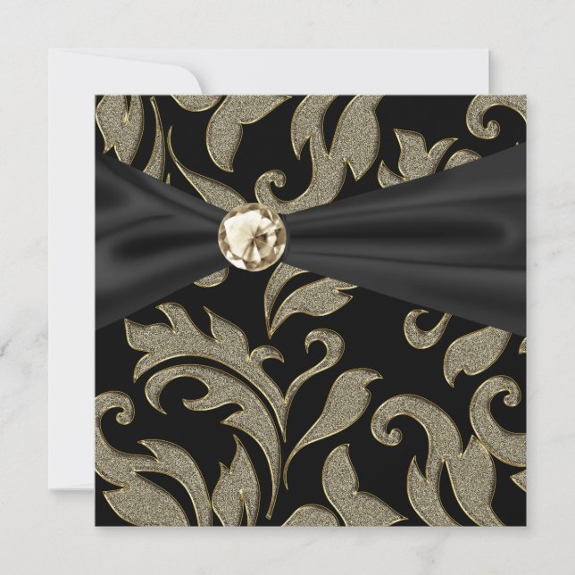 Cravate Noir Or Black Damask Party Invitation (Devant)