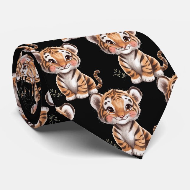 Cravate noir tigre doux et souriant (Roulé)
