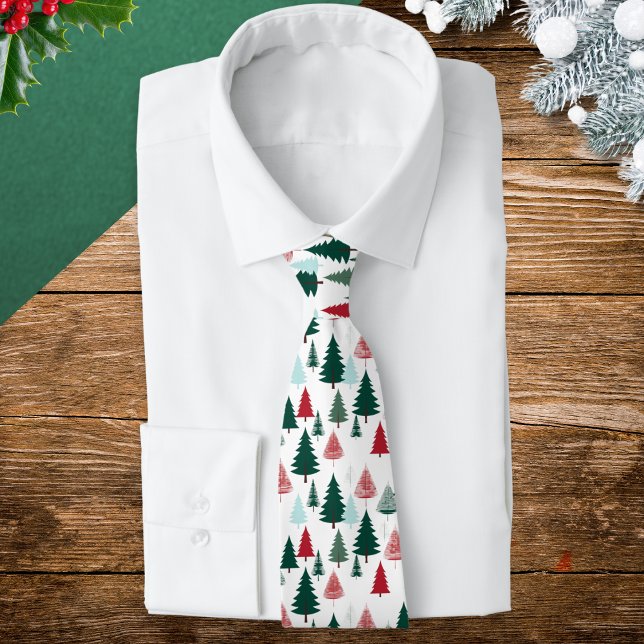 Cravate Nordic Pine Forest Christmas Pattern Men's (A festive Christmas tie with pine trees pattern in red, forest green and mint, on a white background)