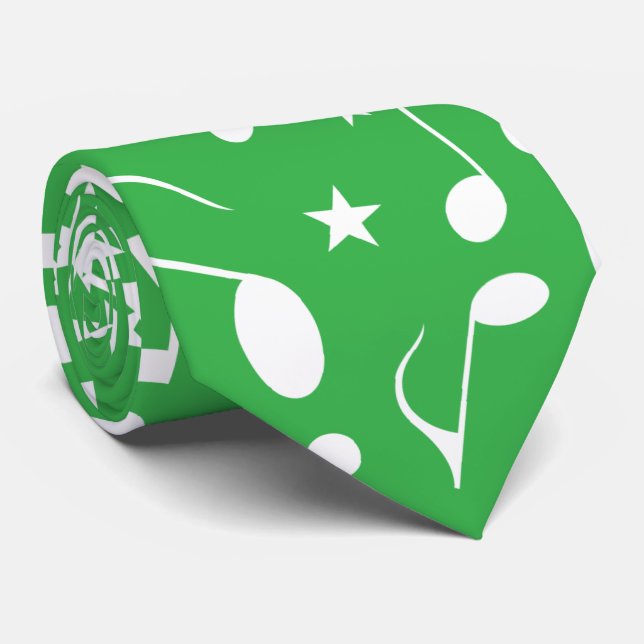 Cravate Notes de musique blanches sur fond vert (Roulé)