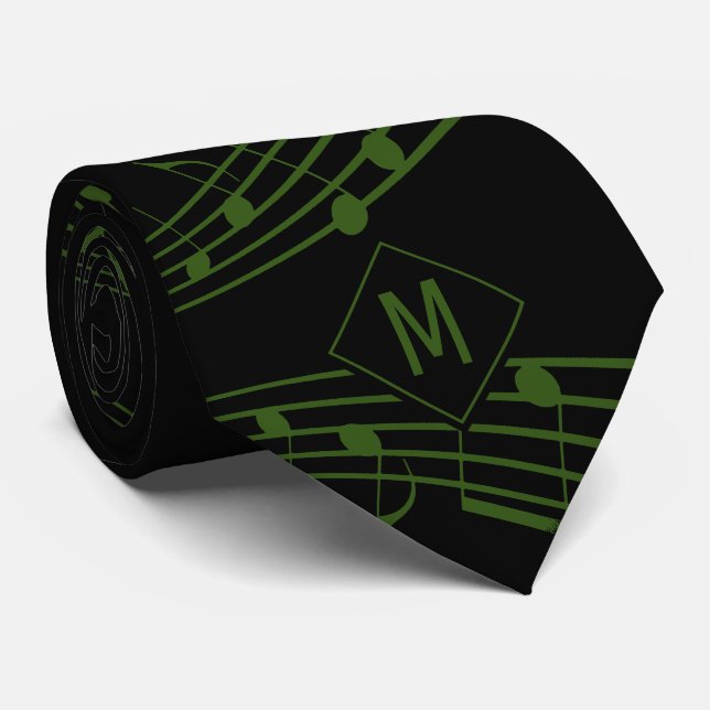 Cravate NOTES MUSICALES DE MONogramme vert noir (Roulé)