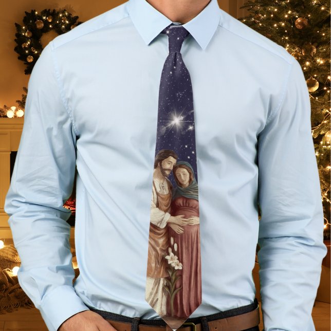 Cravate Notre-Dame de l'Avent Vierge Enceinte Marie Noël (Our Lady of Advent tie with image of pregnant Virgin Mary and St. Joseph. Catholic gift for priests.)