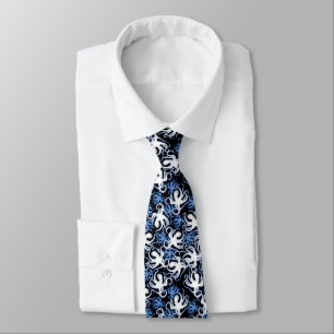 Cravate Octopus noir, blanc et bleu Motif sans couture
