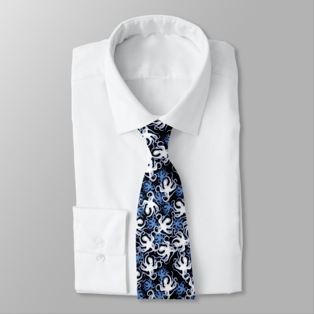 Cravate Octopus noir, blanc et bleu Motif sans couture (Attaché)