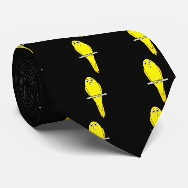 Cravate Oiseau jaune. Canaire. Sur le noir. (Roulé)
