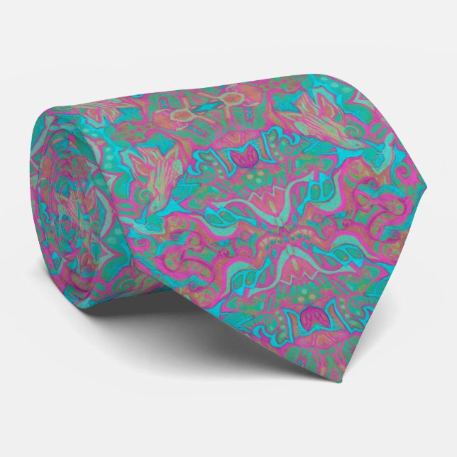 Cravate Oiseaux Arabesque Bohème Motif Turquoise rose (Roulé)