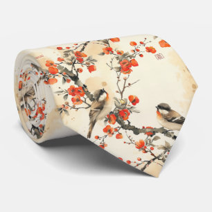 Cravate Oiseaux chantants orientaux et floraison - Asie tr