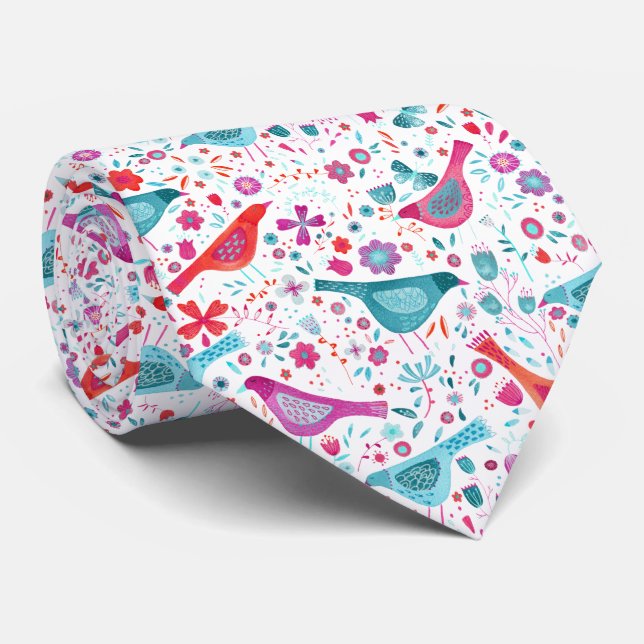 Cravate Oiseaux dans un jardin Boho Aquarelle moderne (Roulé)