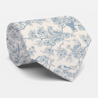 Cravate Oiseaux et fleurs de cerisier en bleu et blanc cas