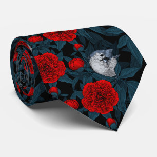 Cravate Oiseaux et fleurs de pivoines rouges avec feuilles