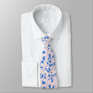 Cravate Oiseaux sur les fleurs de cerisier Bleu sur Blush