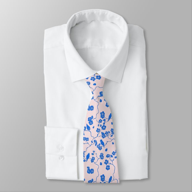 Cravate Oiseaux sur les fleurs de cerisier Bleu sur Blush (Attaché)