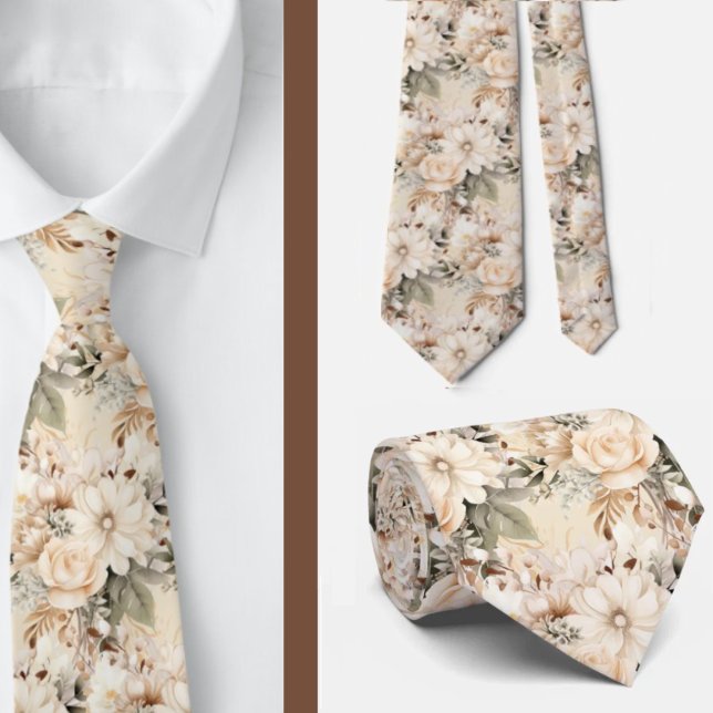 Cravate Or Beige Taupe Ivoire Blanc Floral Aquarelle (Créateur téléchargé)