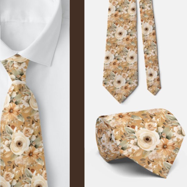 Cravate Or Beige Taupe Ivoire Blanc Floral Aquarelle (Créateur téléchargé)