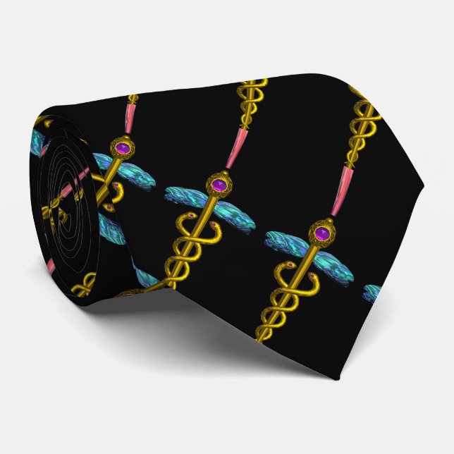 Cravate OR CADUCEUS, MÉDECIN SYMBOLE MÉDICALE Noir (Roulé)