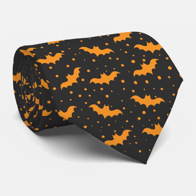 Cravate Orange black Halloween bat pattern (Roulé)