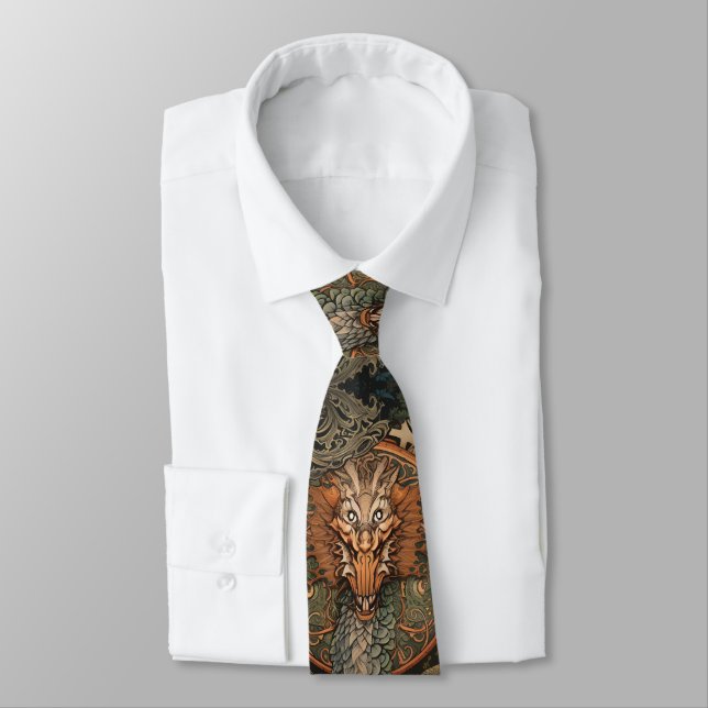 Cravate Orange Fire Dragon Japonais Tattoo (Attaché)