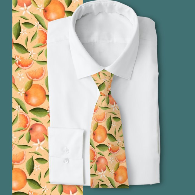 Cravate Orange Grove (Orange fruit, leaves and blossoms on a warm peachy colored background )