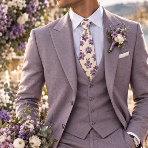 Cravate Orchidée violette et clématite florale sur ivoire