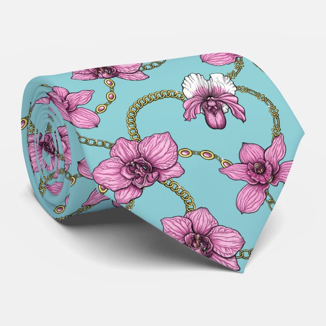 Cravate Orchidées et chaînes, roses et bleues (Roulé)