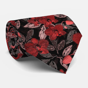 Cravate Orchidées rouges sur noir.